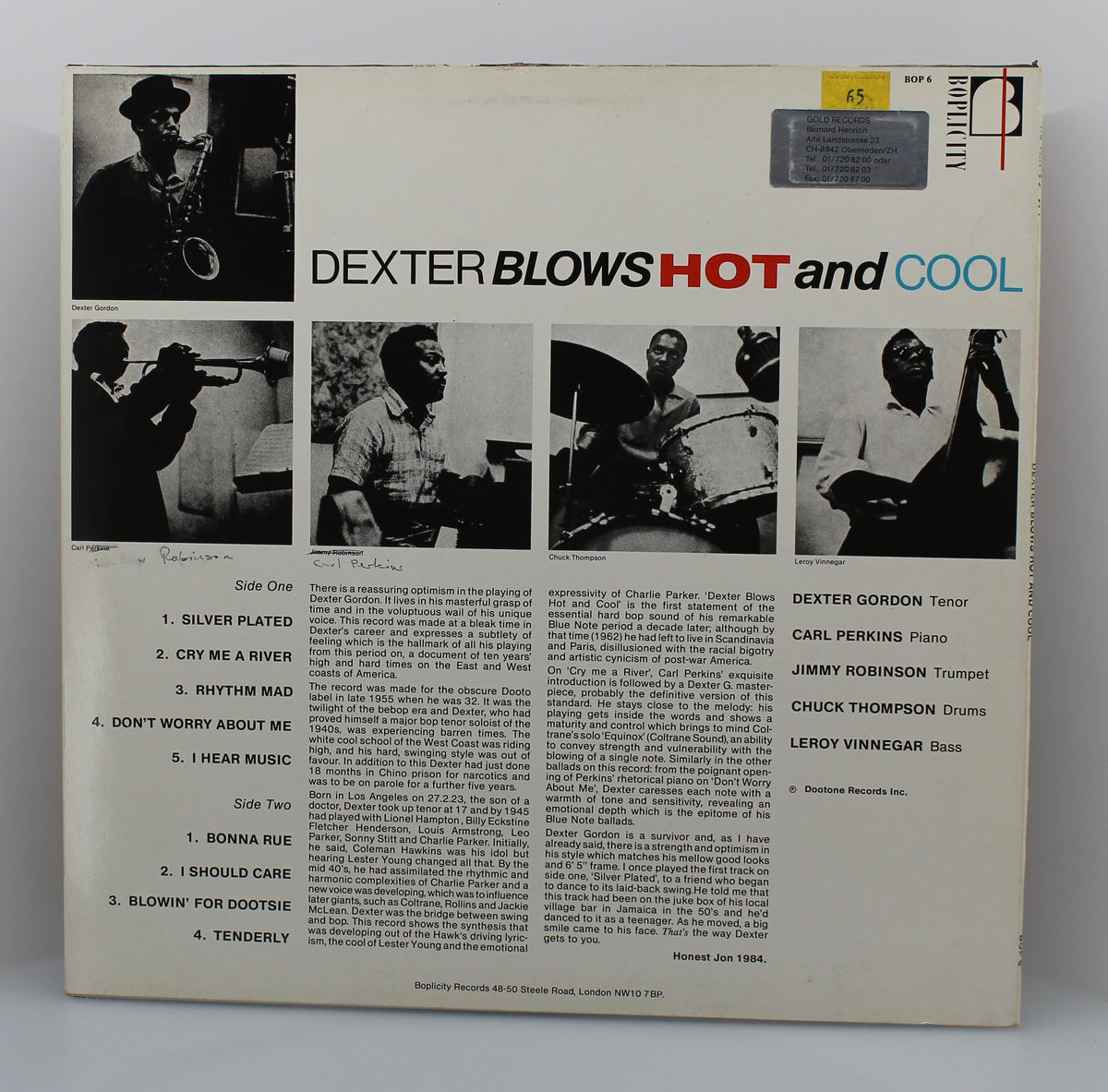 Dexter Gordon Featuring Carl Perkins – Dexter Blows Hot And Cool, Vinyl, LP, Album, Reissue, Mono, Jazz, UK 1984