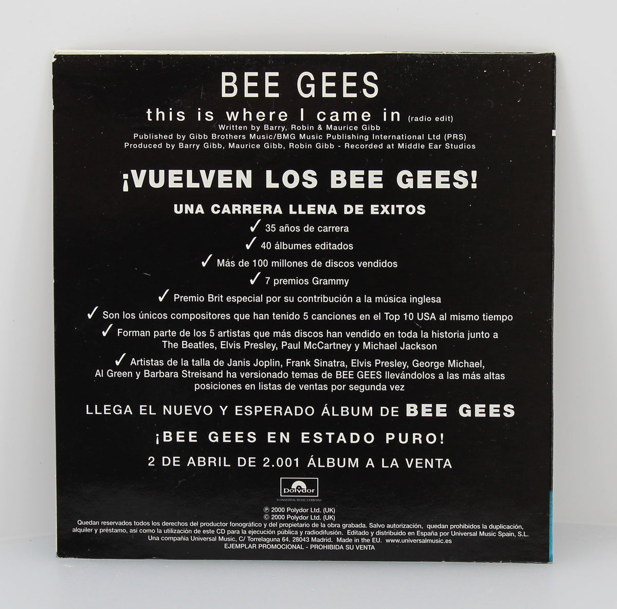 Bee Gees – This Is Where I Came In, CD, Single, Promo, Spain 2000