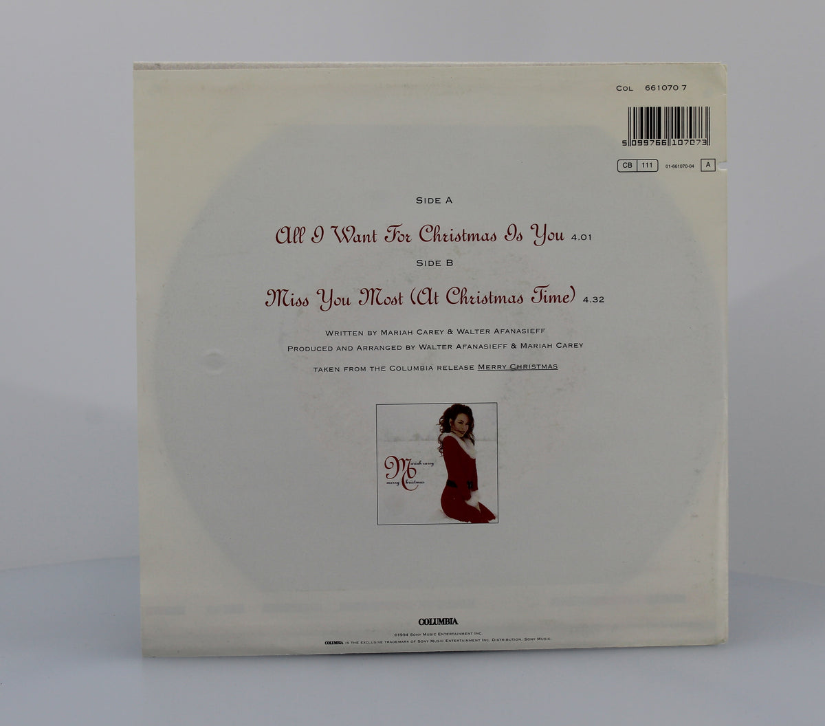 Mariah Carey, All I Want For Christmas Is You, Vinyl, 7&quot;, 45 RPM,  UK &amp; Europe 1994 (CD 1324)