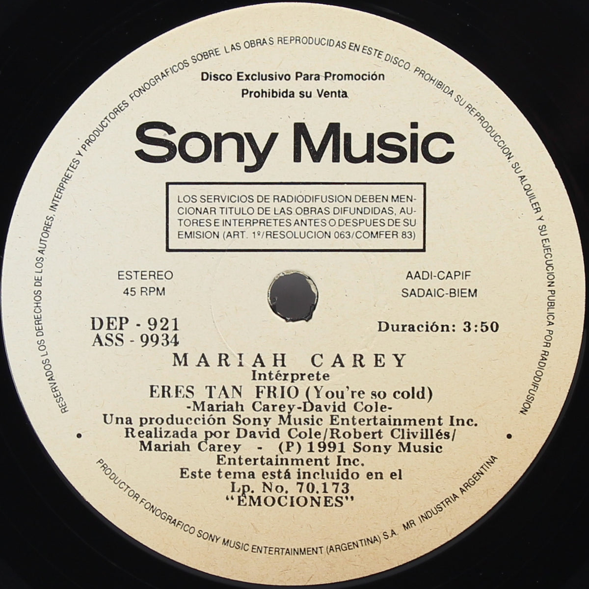 Mariah Carey Emociones / Eres Tan Frio,  Vinyl, 7&quot;, 45 RPM, PROMO, Argentina 1991