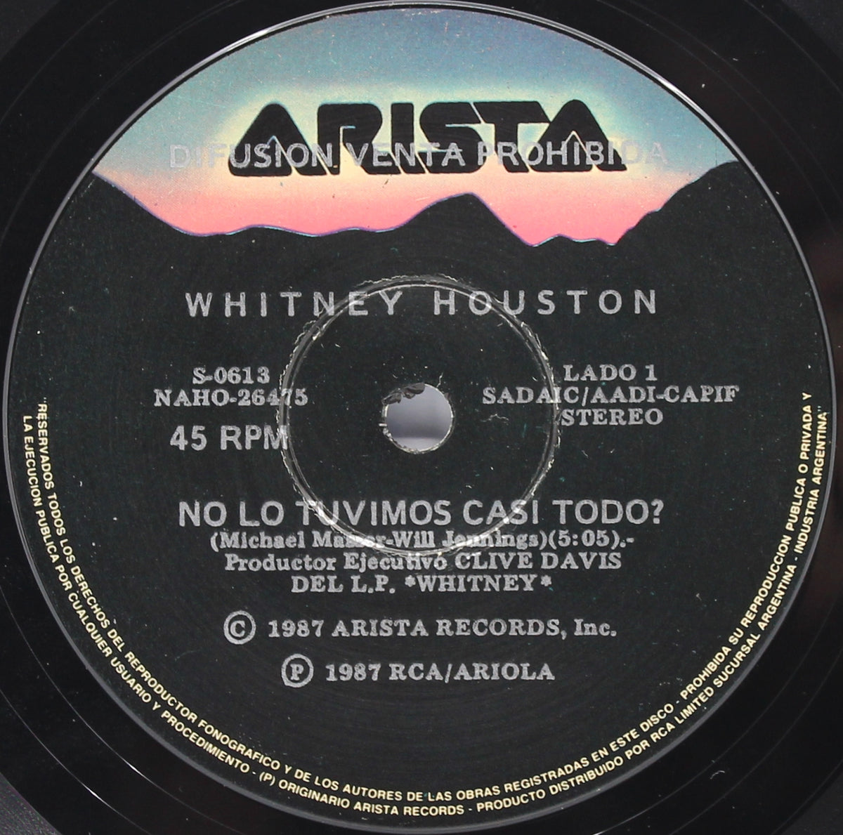 Whitney Houston - No Lo Tuvimos Casi Todo Simple, 7&quot; Single 45rpm Promo, Argentina 1987