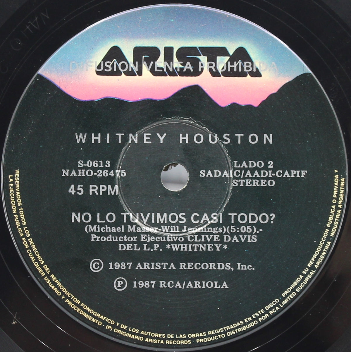 Whitney Houston - No Lo Tuvimos Casi Todo Simple, 7&quot; Single 45rpm Promo, Argentina 1987
