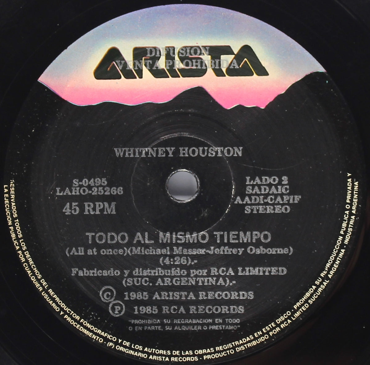 Whitney Houston - Como Sabre, 7&quot; Single 45rpm Promo, Argentina 1985
