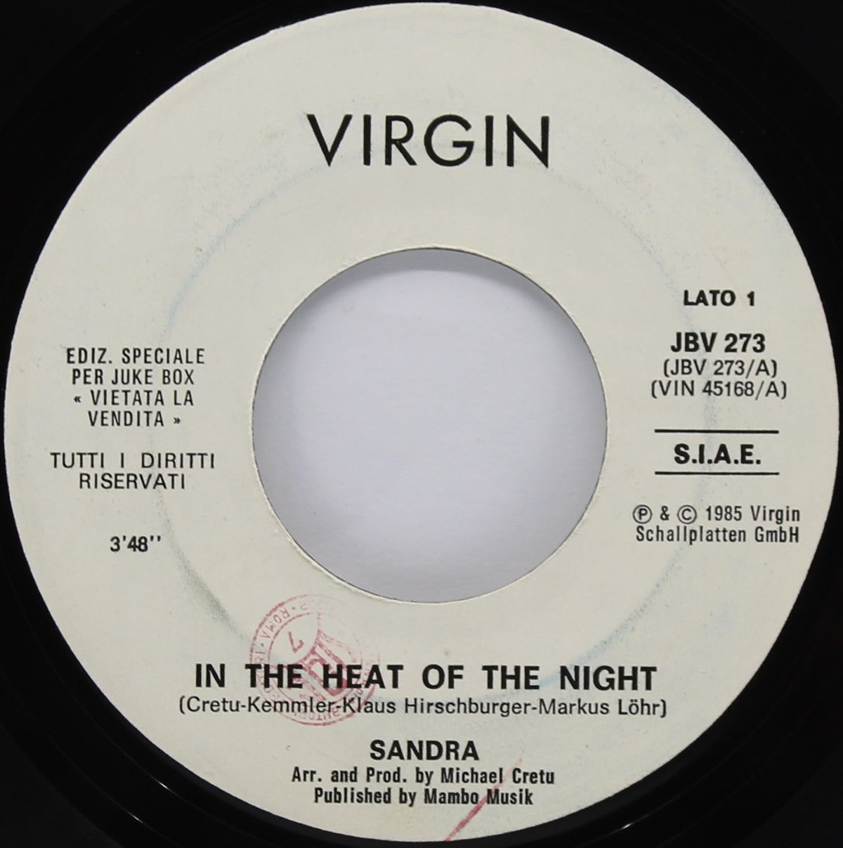 Sandra / Mike Oldfield Featuring Aled Jones / Anita* &amp; Barry Palmer – In The Heat Of The Night / Pictures In The Dark, Vinyl, 7&quot;, 45 RPM, Jukebox,Virgin – JBV 273