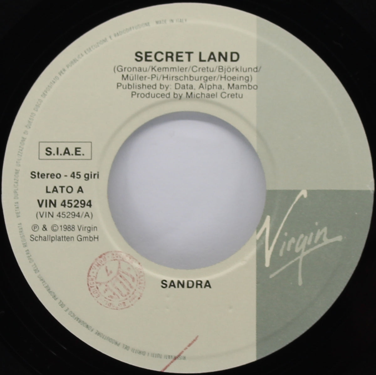 Sandra – Secret Land, Vinyl, 7&quot;, 45 RPM, Stereo, Promo, Italy 1988