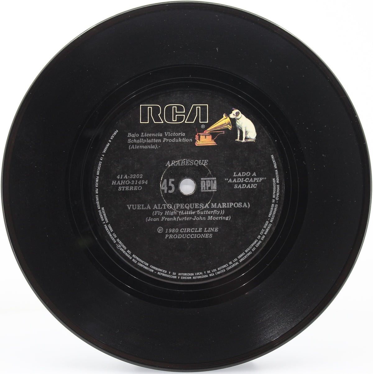 Arabesque (Sandra) - Vuela Alto (Pequen A Mariposa) Fly High (Little Butterfly), Vinyl, 12&quot;, 7&quot;, 45 RPM, Single, Argentina 1980