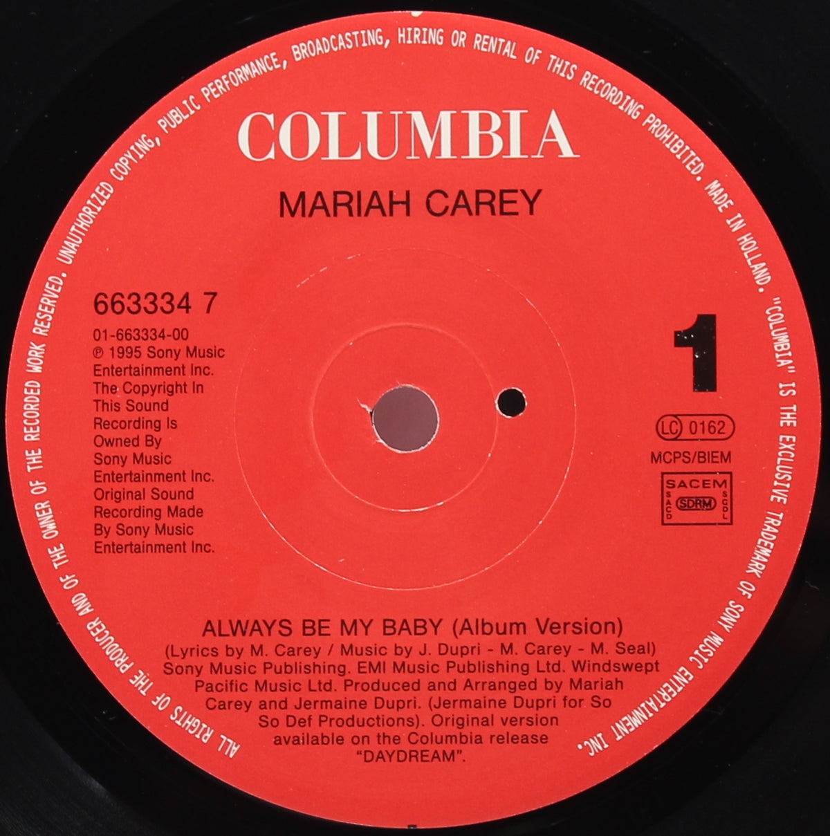 Mariah Carey ‎– Always Be My Baby, Vinyl, 7&quot; 45rpm, Holland 1996