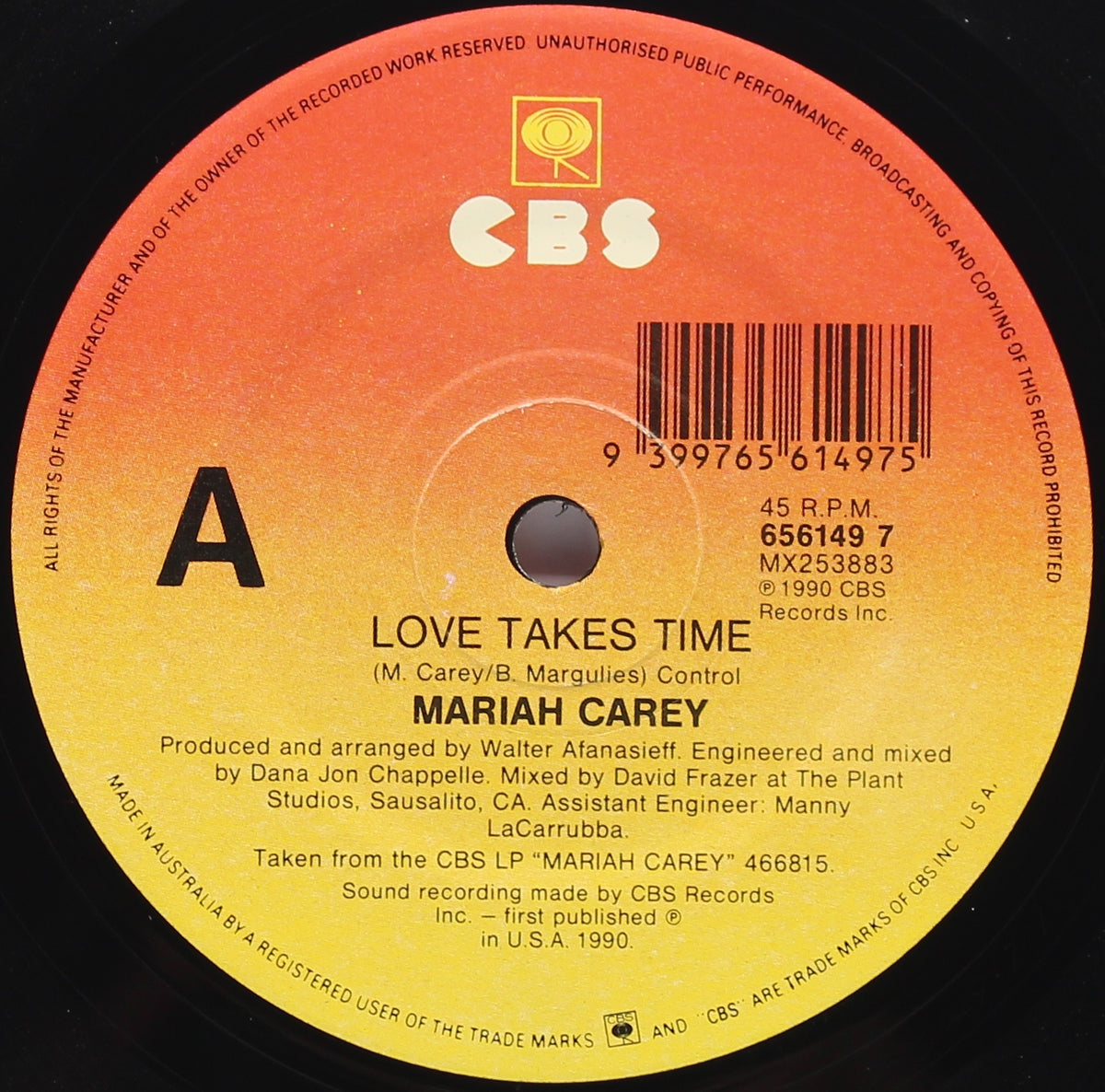 Mariah Carey – Love Takes Time, 7&quot; Single 45rpm Promo, Australia 1990