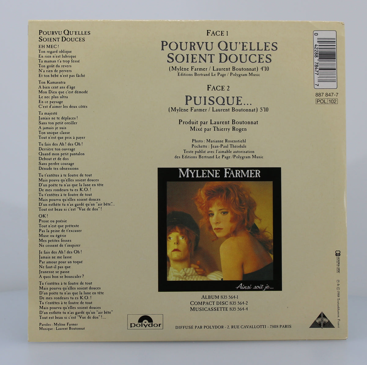 Mylene Farmer – Pourvu Qu&#39;elles Soient Douces, Vinyl, 7&quot;, 45 RPM, Single, France 1988