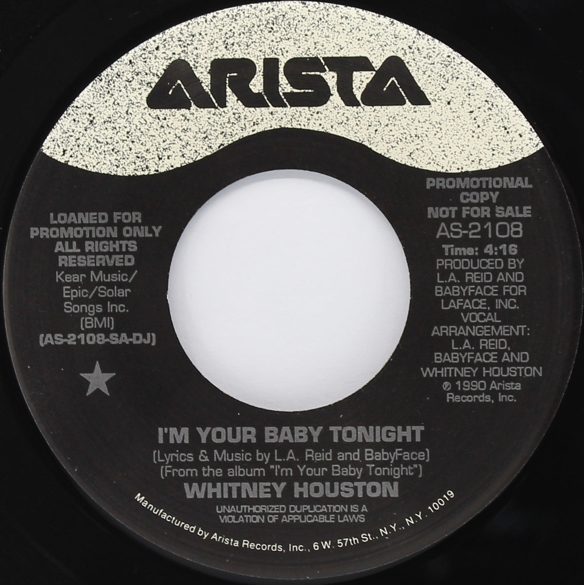 Whitney Houston ‎– I&#39;m Your Baby Tonight, Vinyl, 7&quot;, 45 RPM, Single, Promo, US 1990