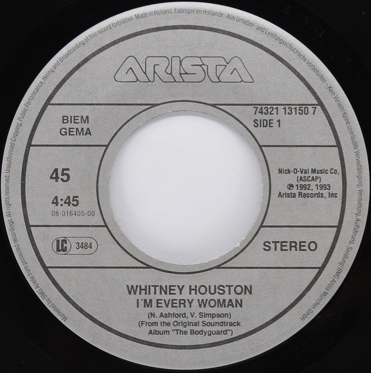 Whitney Houston – I&#39;m Every Woman, Vinyl, 7&quot;, 45 RPM, Single, Stereo, Holland 1993