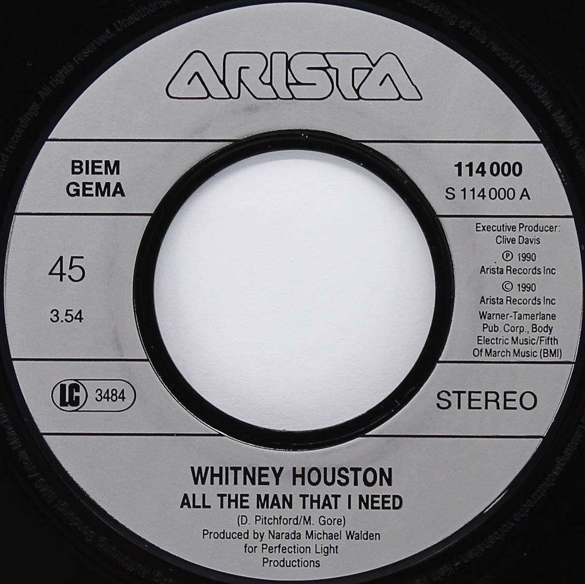 Whitney Houston ‎– All The Man That I Need, Vinyl, 7&quot;, 45 rpm, Single, UK &amp; Europe 1990