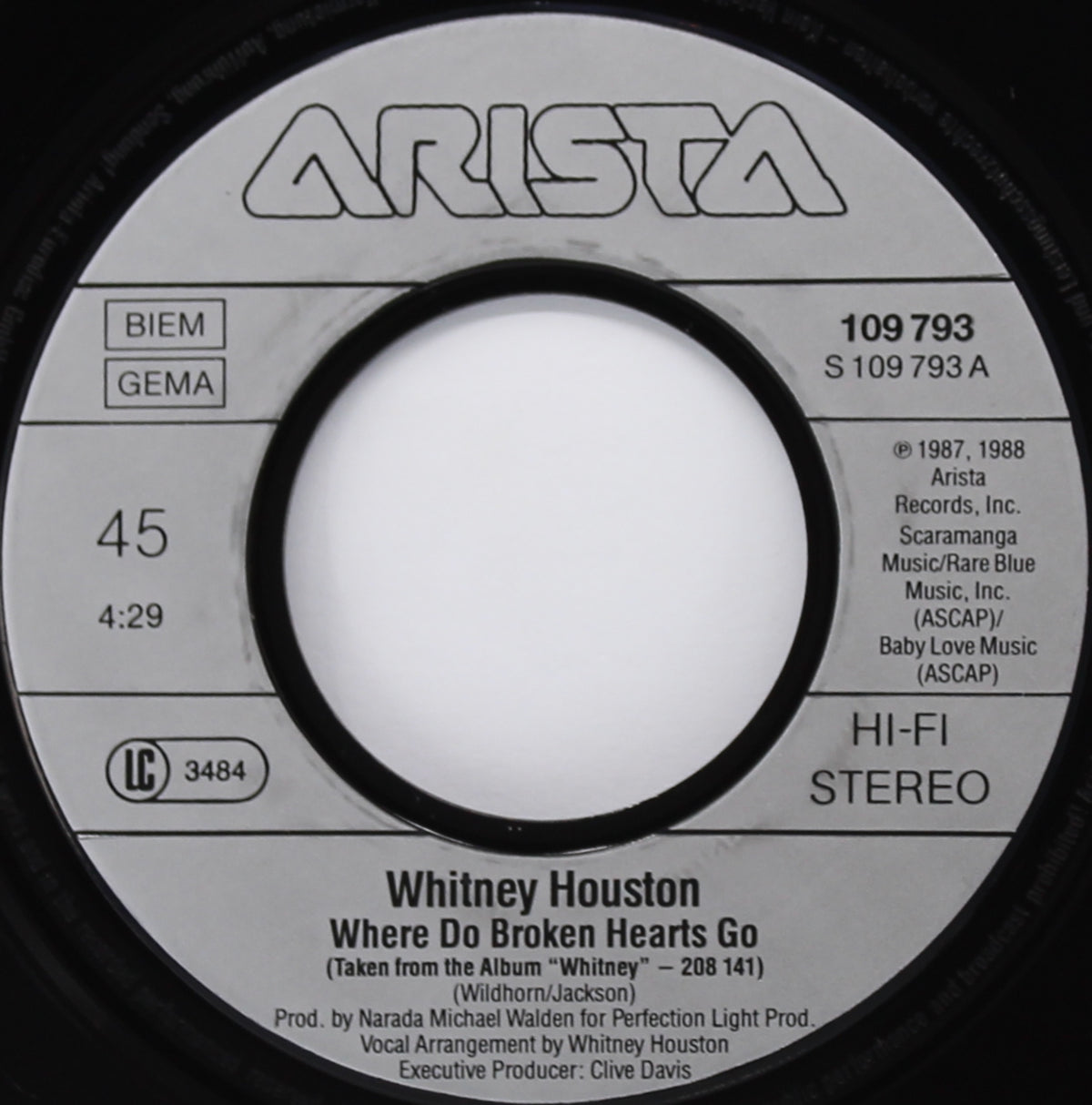 Whitney Houston ‎– Where Do Broken Hearts Go, Vinyl, 7&quot;, 45 RPM, Single, Germany 1988