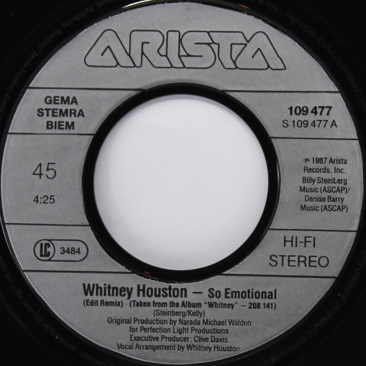 Whitney Houston – So Emotional, Vinyl, 7&quot;, 45 RPM, Single, Europe 1987
