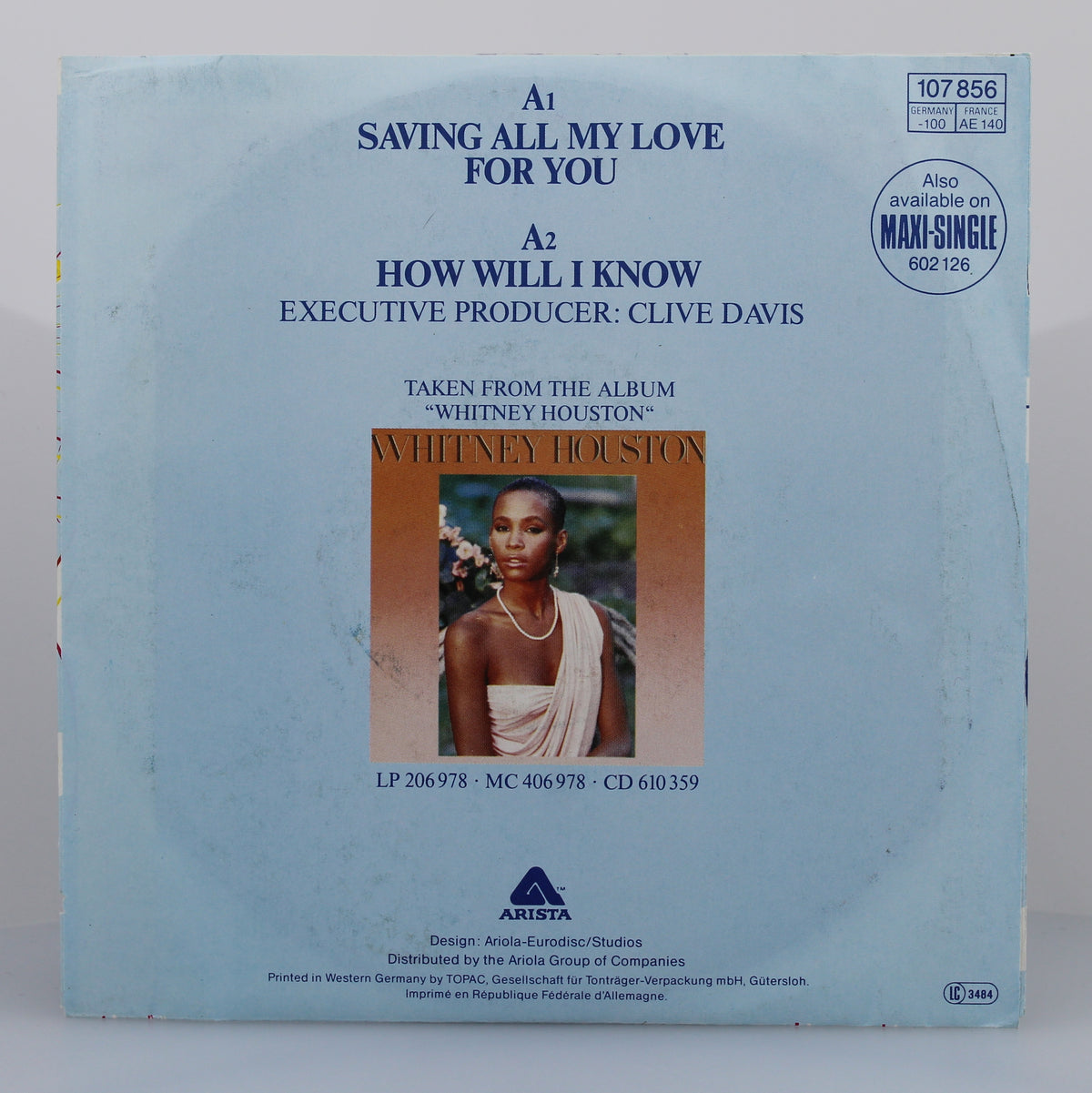 Whitney Houston ‎– Saving All My Love For You, Vinyl, 7&quot;, 45 RPM, Single, Europe 1985
