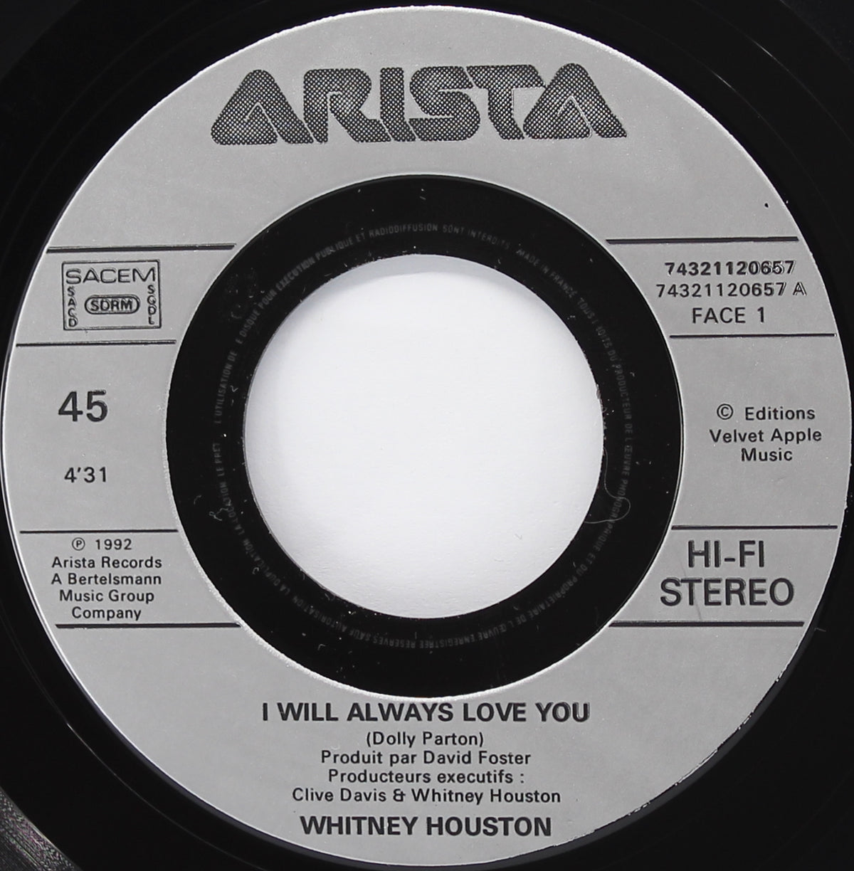 Whitney Houston ‎– I Will Always Love You, Vinyl, 7&quot;, 45 RPM, Single, Silver Injection Labels, Europe 1992