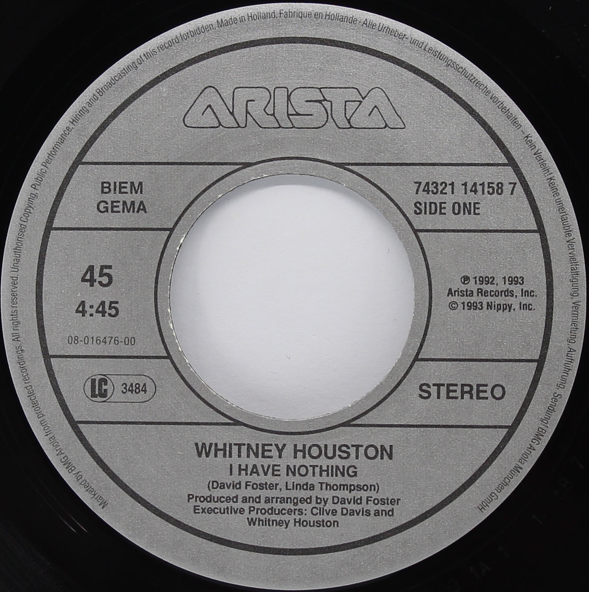 Whitney Houston ‎– I Have Nothing, Vinyl, 7&quot; Single 45rpm, Europe 1992