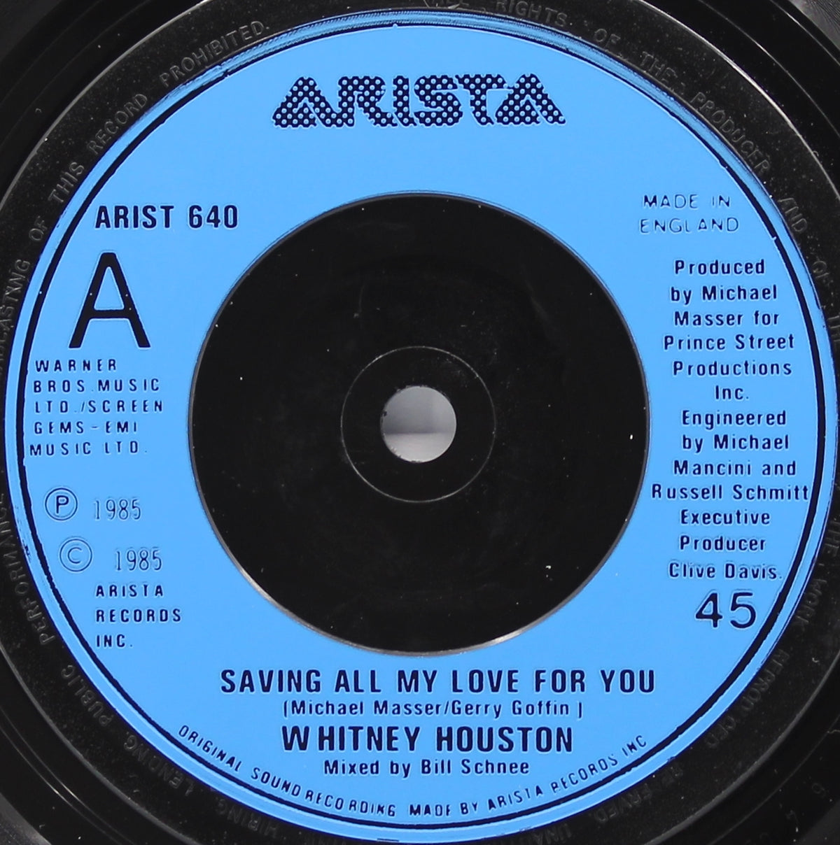 Whitney Houston ‎– Saving All My Love For You, Vinyl, 7&quot;, 45 RPM, Single, Blue Injection Labels, UK 1985