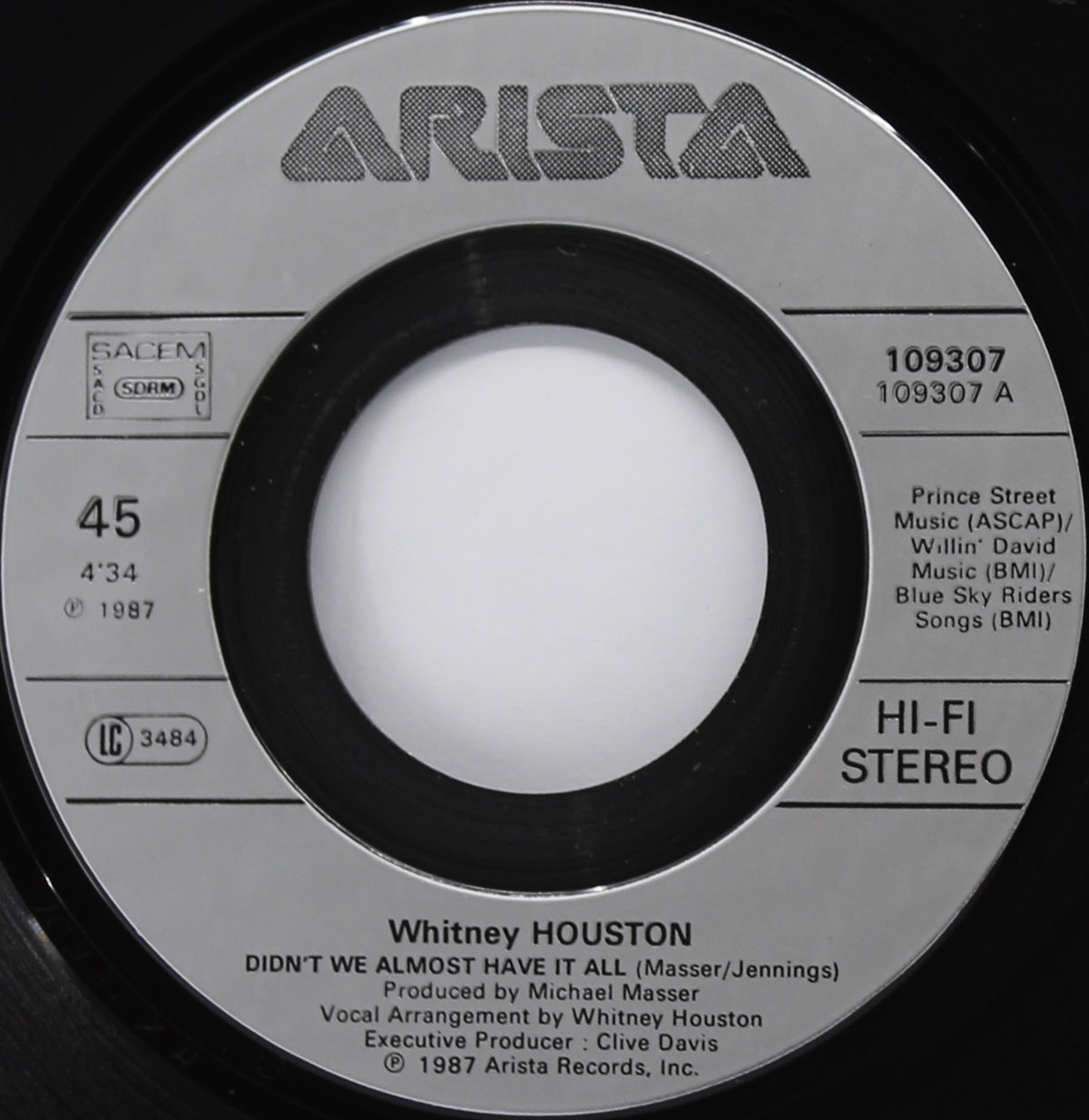 Whitney Houston ‎– Didn&#39;t We Almost Have It All, Vinyl, 7&quot;, 45 RPM, France 1987
