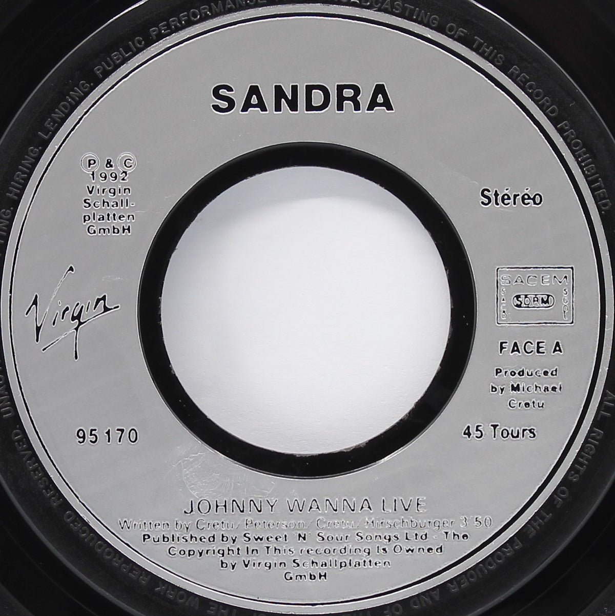 Sandra – Johnny Wanna Live, Vinyl, 7&quot;, 45 RPM, Single, France 1992