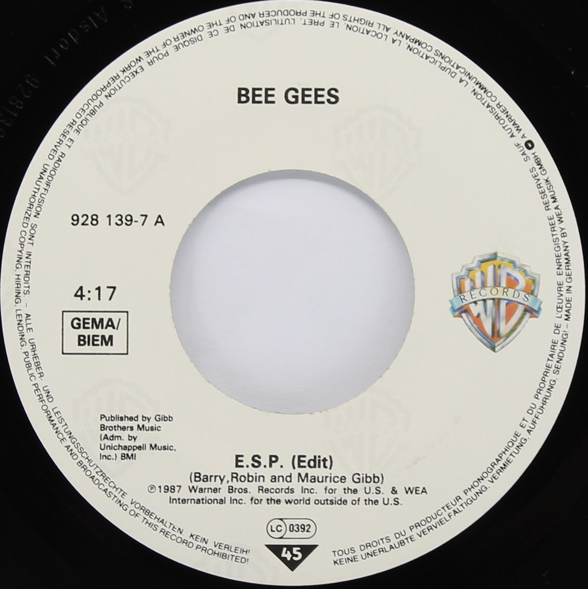 Bee Gees – E•S•P, Vinyl, 7&quot;, 45 RPM, Single, Europe 1987