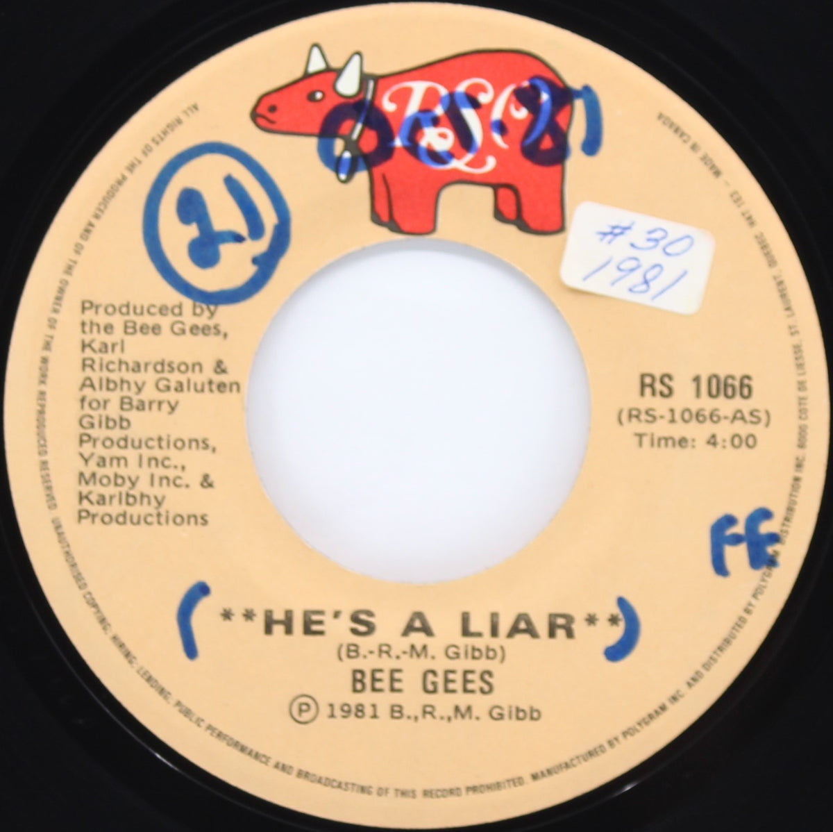 Bee Gees ‎– He&#39;s A Liar, Vinyl, 7&quot;, Single, Canada 1981