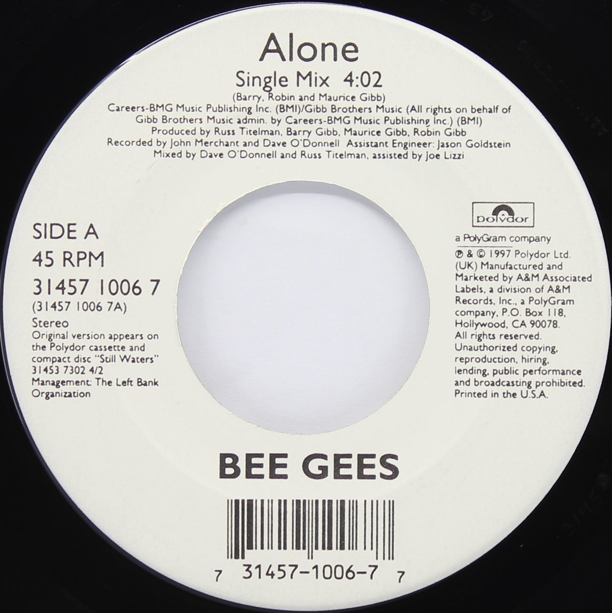 Bee Gees – Alone, Vinyl, 7&quot;, 45 RPM, Single, US 1997