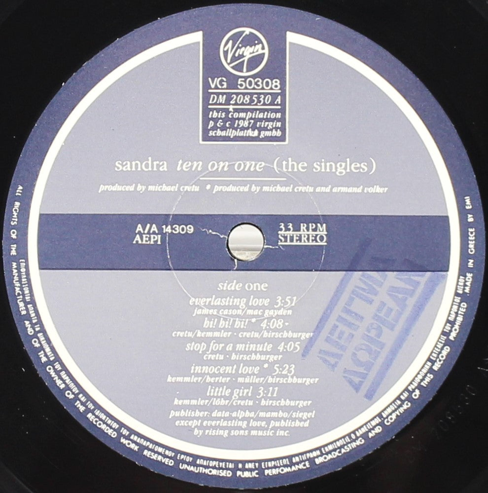 Sandra ‎– Ten On One (The Singles), Vinyl, LP, Compilation, Greece 1987
