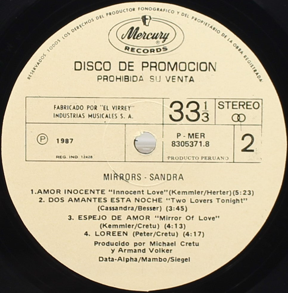 Sandra – Mirrors,Vinyl, LP, Album, Stereo, PROMO, VG+/NM, Peru 1987