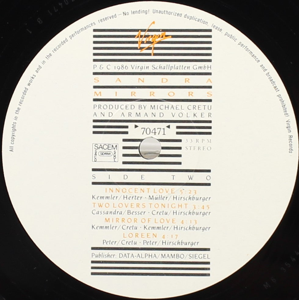 Sandra ‎– Mirrors, Vinyl, LP, Album 33⅓rpm, Without Sticker On Front (Rar), France 1986