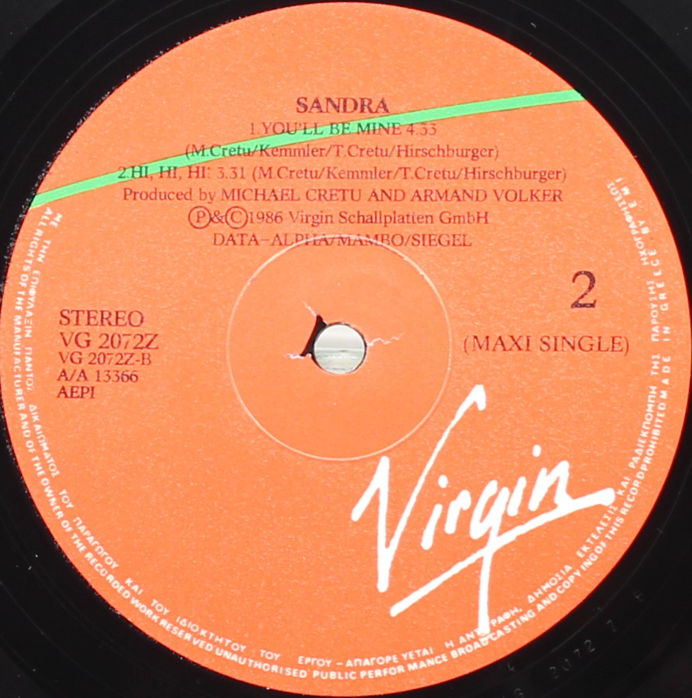 Sandra ‎– Hi! Hi! Hi!, Vinyl, 12&quot; 45RPM, VG/NM, Greece 1986