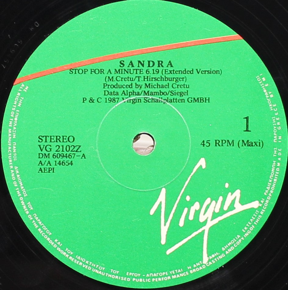 Sandra ‎– Stop For A Minute, Vinyl, 12&quot;, 45 RPM, Maxi-Single, VG/NM, Greece 1988