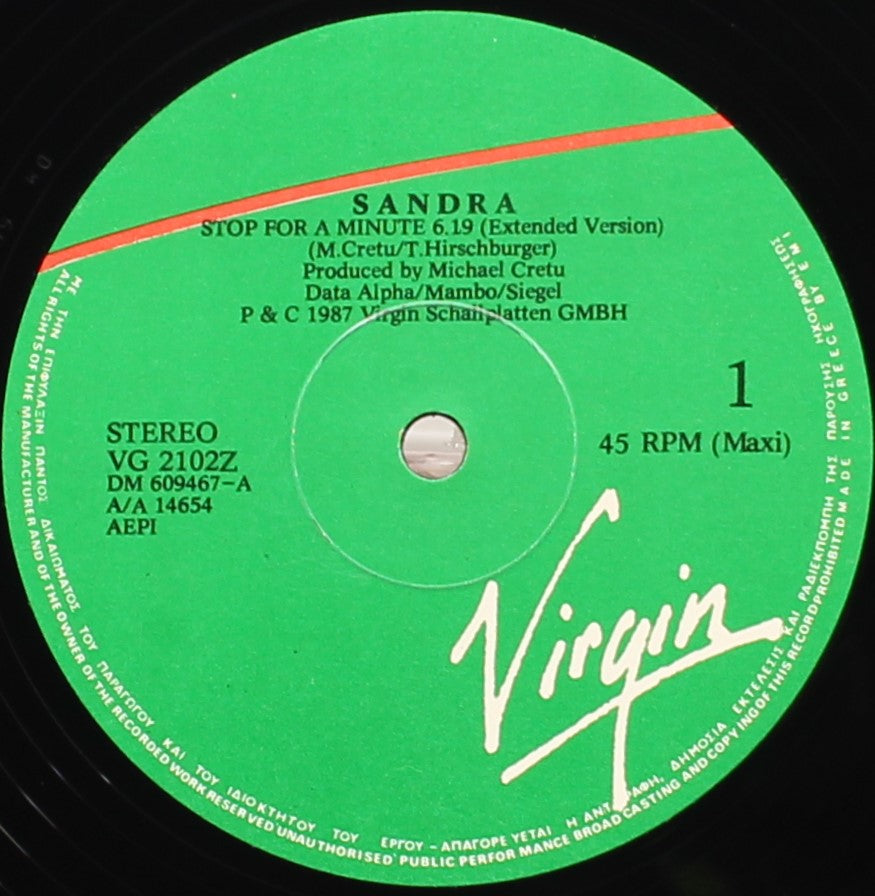 Sandra ‎– Stop For A Minute, Vinyl, 12&quot;, 45 RPM, Maxi-Single, VG+/NM, Greece 1988