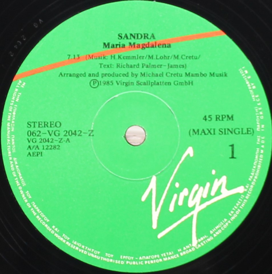 Sandra ‎– (I&#39;ll Never Be) Maria Magdalena, Vinyl, 12&quot;, 45 RPM, Maxi-Single, VG+/NM, Greece 1985