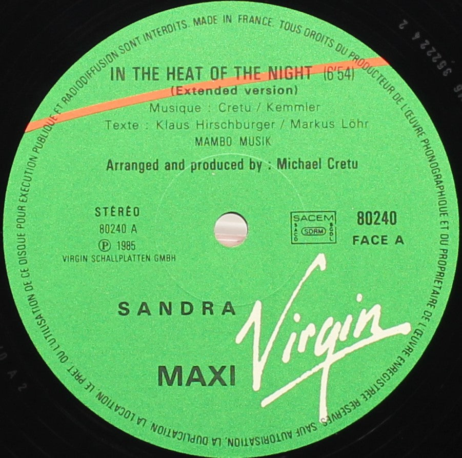 Sandra – In The Heat Of The Night, Vinyl, 12&quot;, 45 RPM, Maxi-Single, Promo, VG/VG+, France 1985