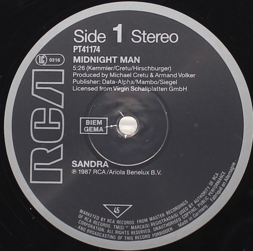 Sandra – Midnight Man, Vinyl, 12&quot; 45RPM, VG/VG+, Europe 1987