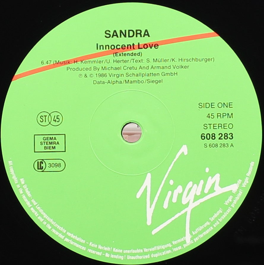 Sandra ‎– Innocent Love, Vinyl, 12&quot;, 45 RPM, Single, Stereo, NM/NM, Europe 1986