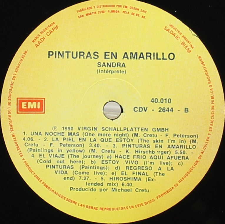 Sandra – Paintings In Yellow / Pinturas En Amarillo, Vinyl, LP, Album, Promo, VG/VG+, Argentina 1990