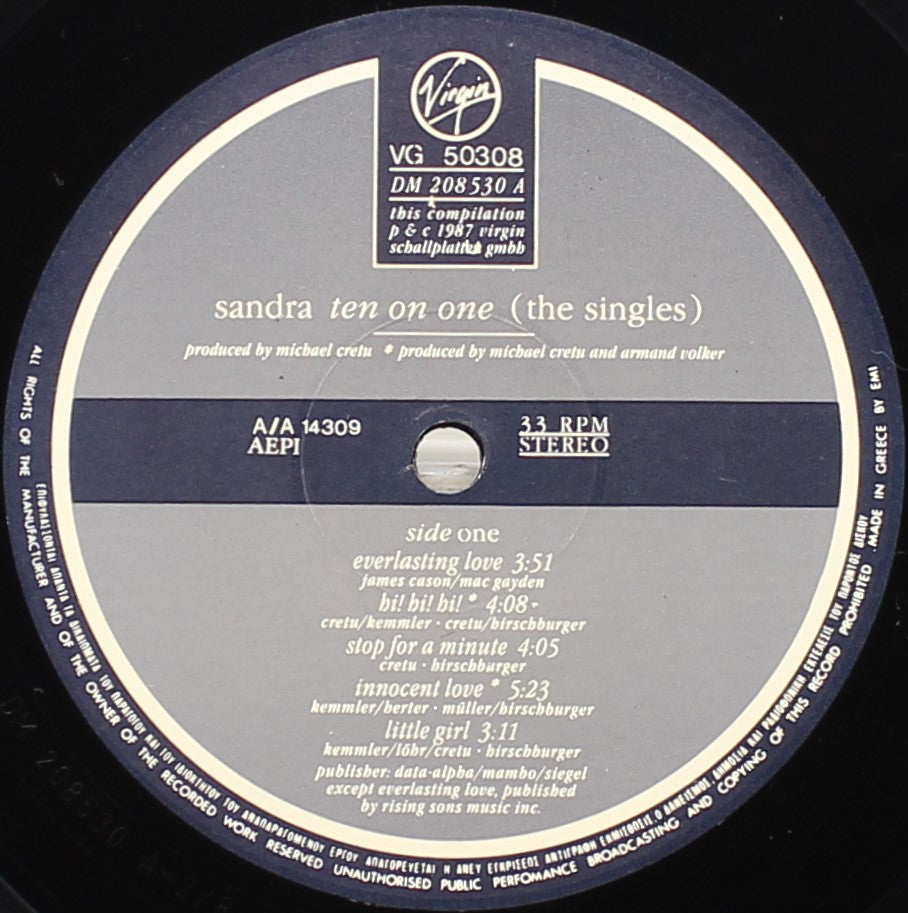 Sandra – Ten On One (The Singles), Vinyl, LP, Compilation, VG/VG+, Greece 1987