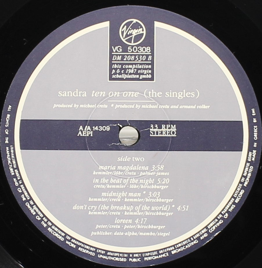 Sandra – Ten On One (The Singles), Vinyl, LP, Compilation, VG/VG+, Greece 1987
