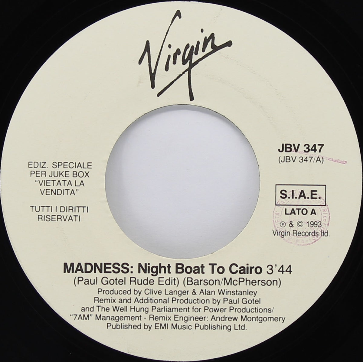 Madness / Sandra ‎– Night Boat To Cairo / Maria Magdalena, Vinyl, 7&quot;, 45 RPM, Jukebox, Italy 1993