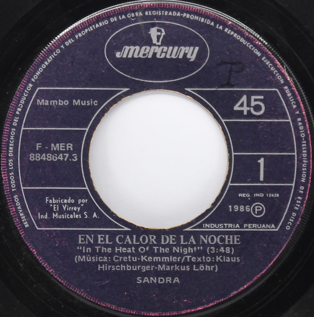 Sandra ‎– En El Calor De La Noche = In The Heat Of The Night, Vinyl, 7&quot;, Single, 45 RPM, Peru 1986