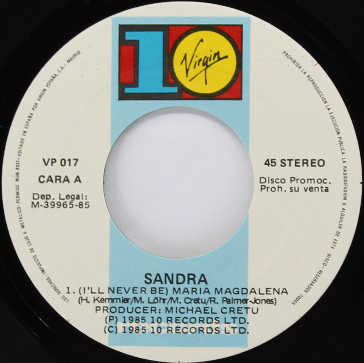 Sandra ‎– (I&#39;ll Never Be) Maria Magdalena, Vinyl, 7&quot;, Single, Promo, Spain 1985