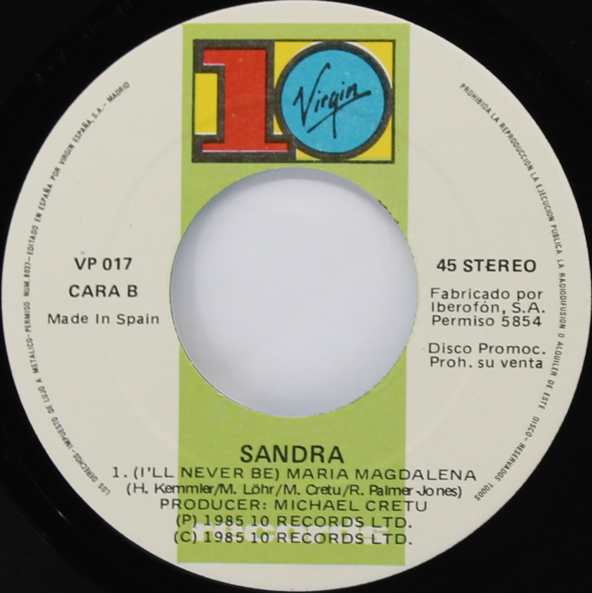 Sandra ‎– (I&#39;ll Never Be) Maria Magdalena, Vinyl, 7&quot;, Single, Promo, Spain 1985