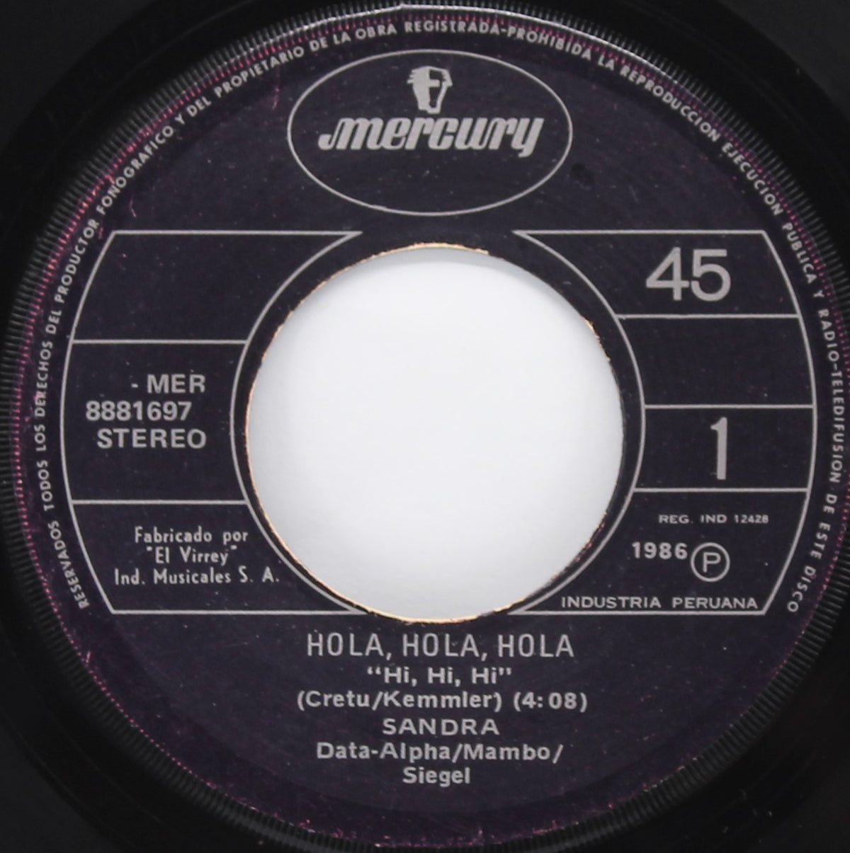 Sandra ‎– Hola, Hola, Hola = Hi! Hi! Hi!, Vinyl, 7&quot;, 45 RPM, Single, Peru 1986