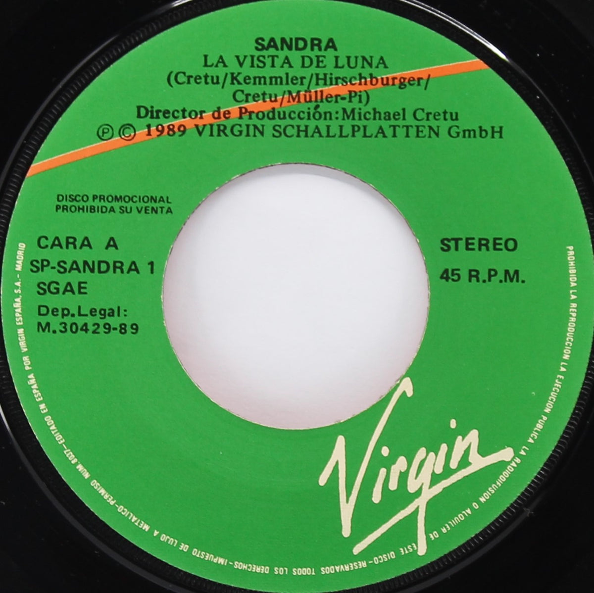 Sandra ‎– La Vista De Luna, Vinyl, 7&quot;, 45 RPM, Single, Promo, Spain 1989