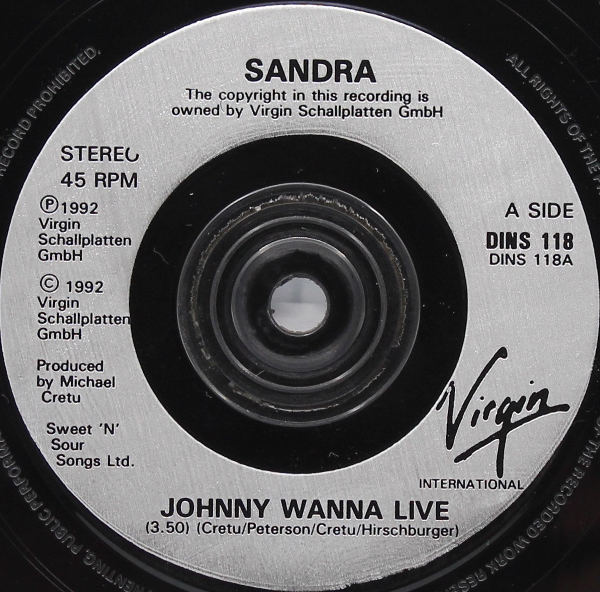 Sandra – Johnny Wanna Live, Vinyl, 7&quot;, 45 RPM, Single, UK 1992