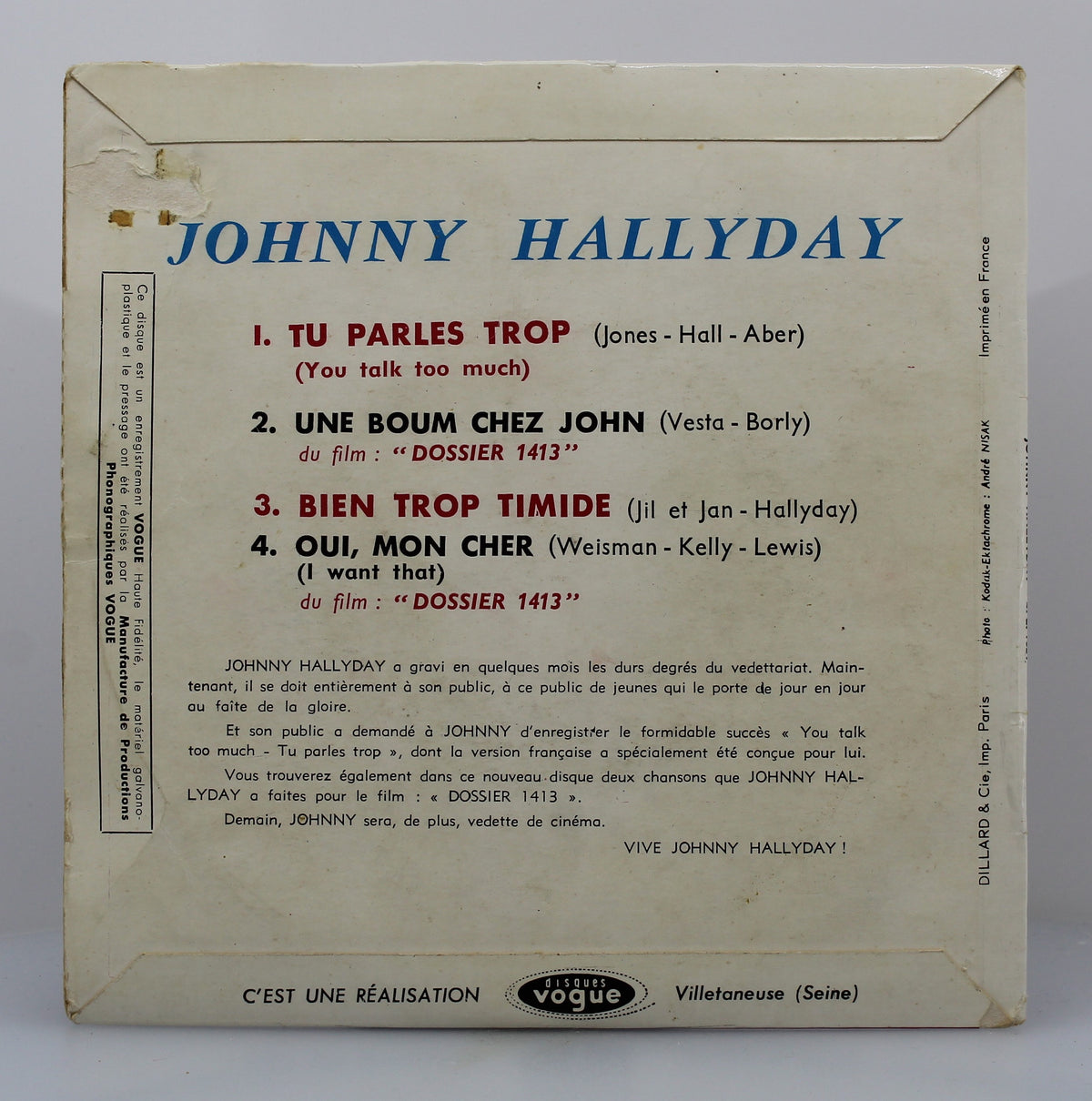 Johnny Hallyday ‎– Tu Parles Trop (You Talk Too Much), Vinyl, 7&quot;, 45 RPM, EP, France 1961