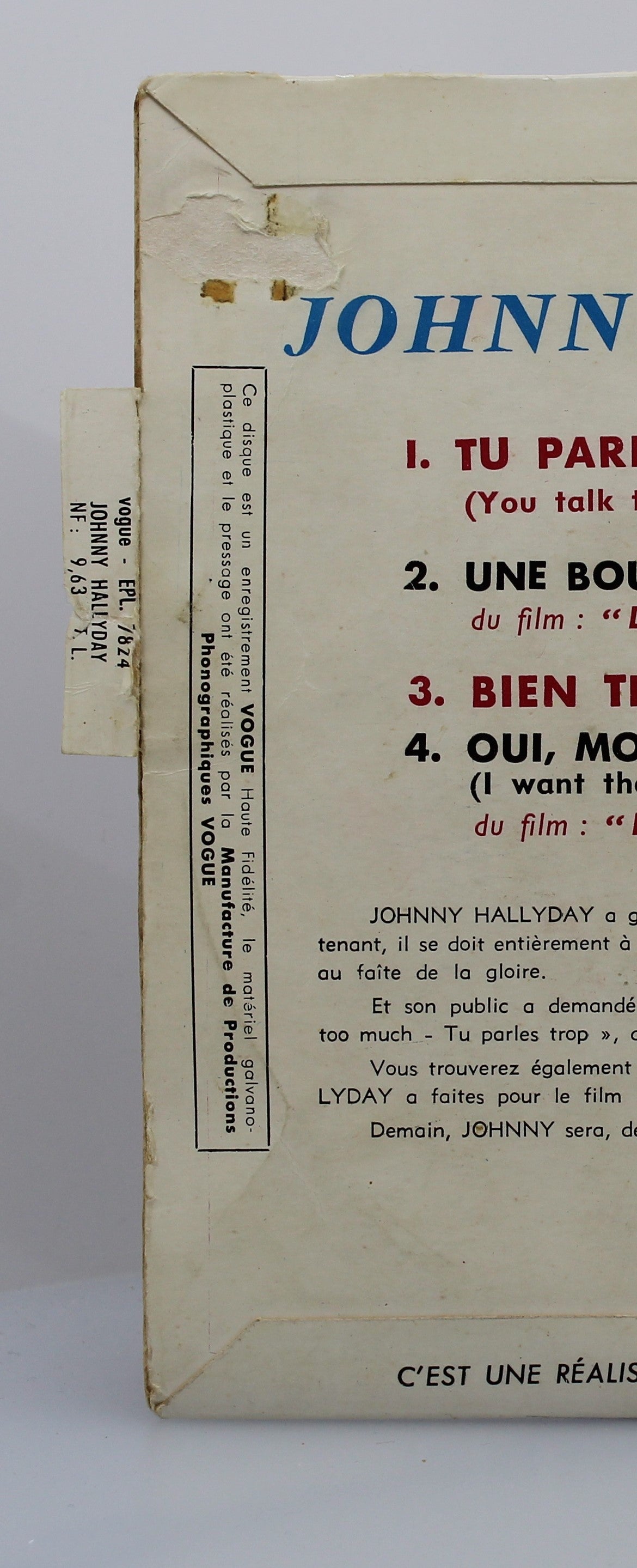 Johnny Hallyday ‎– Tu Parles Trop (You Talk Too Much), Vinyl, 7&quot;, 45 RPM, EP, France 1961