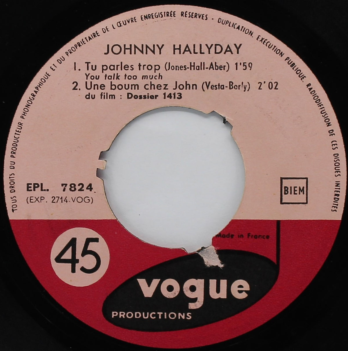 Johnny Hallyday ‎– Tu Parles Trop (You Talk Too Much), Vinyl, 7&quot;, 45 RPM, EP, France 1961